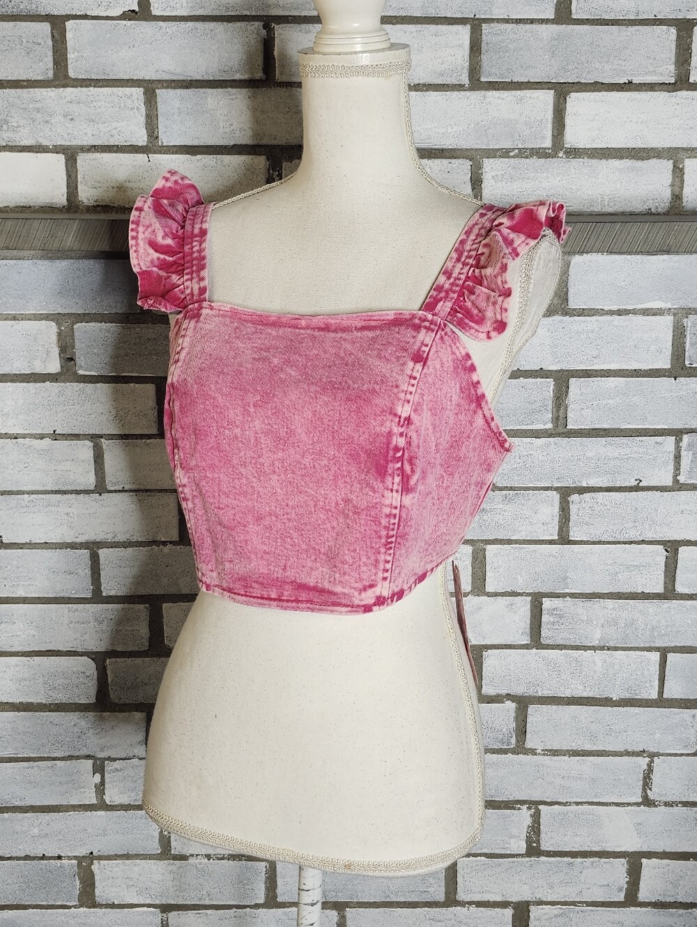 • NWT Shein Mod Pink Acid Wash Denim Crop Top Ruffle Strap Size Medium M